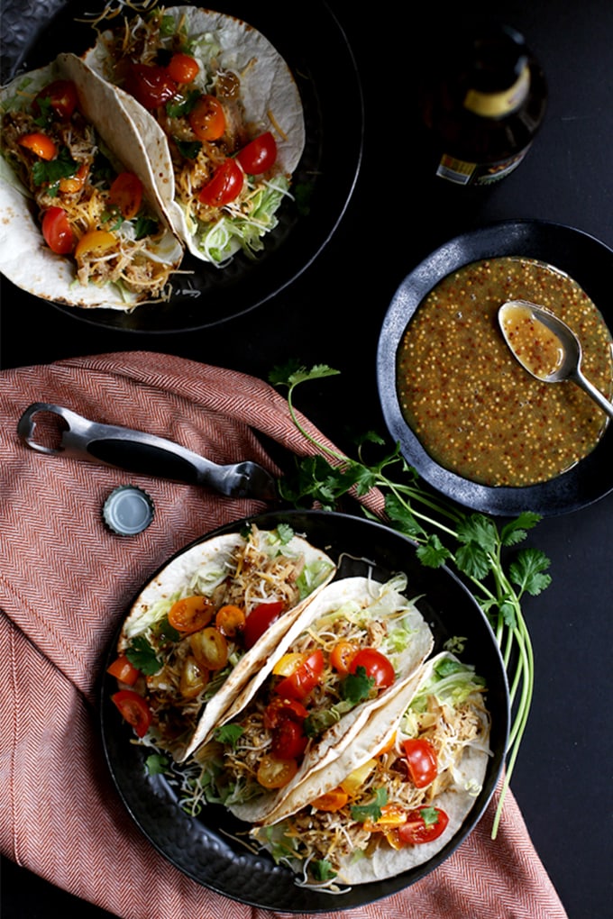 Slow Cooker Honey Mustard Pork Tacos with Candied Bacon