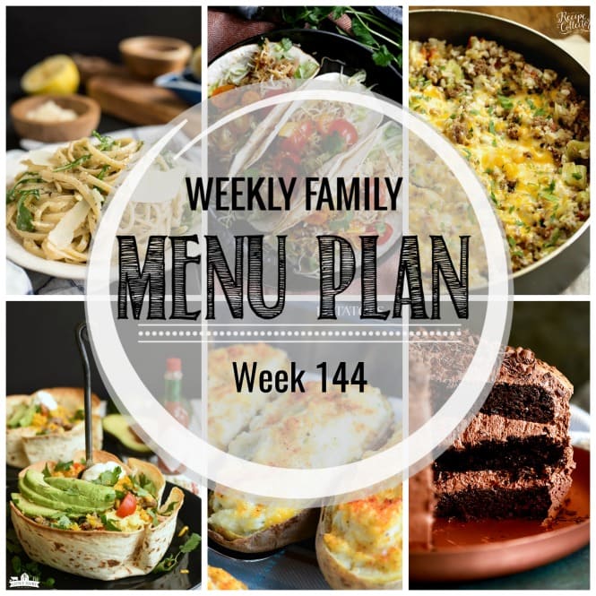 Weekly Family Meal Plan- Featuring several main dishes, a side dish, a soup, a breakfast, and two desserts!