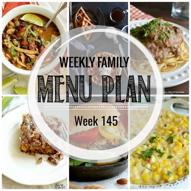 Weekly Family Meal Plan- Featuring several main dishes, a side dish, a soup, a breakfast, and two desserts!