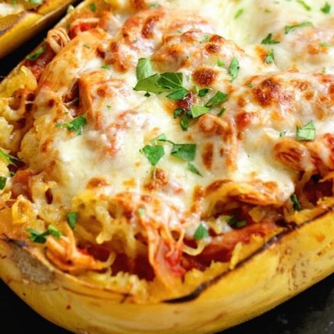 Instant Pot Chicken Spaghetti Squash - A great low-carb chicken dinner recipe made super easy with the help of an Instant Pot and served over spaghetti squash.  Plus, it's only 2 weight watchers freestyle points!!