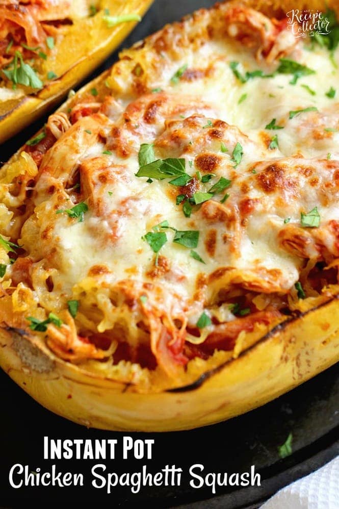 Instant Pot Chicken Spaghetti Squash - A great low-carb chicken dinner recipe made super easy with the help of an Instant Pot and served over spaghetti squash. Plus, it's only 5 weight watchers freestyle points!!
