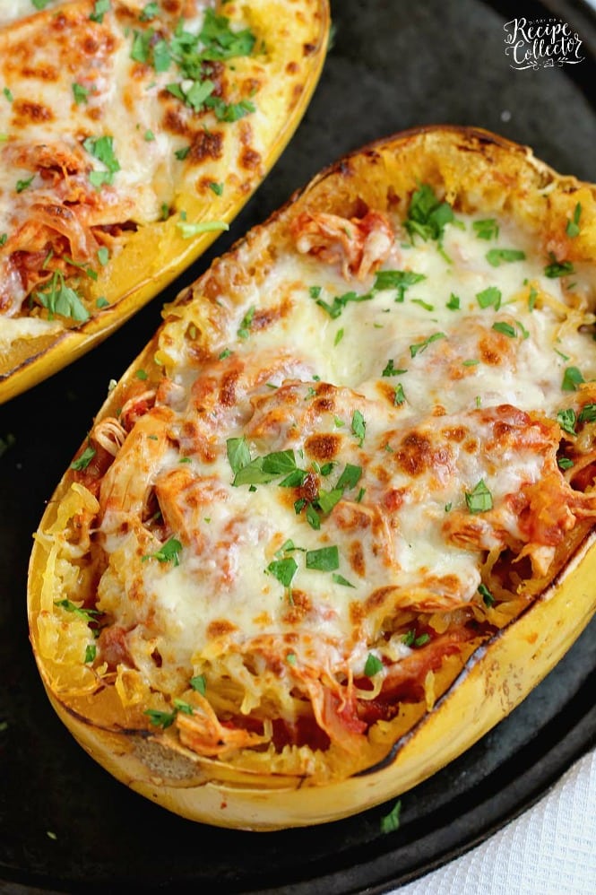 Instant Pot Chicken Spaghetti Squash - A great low-carb chicken dinner recipe made super easy with the help of an Instant Pot and served over spaghetti squash.  Plus, it's only 5 weight watchers freestyle points!!