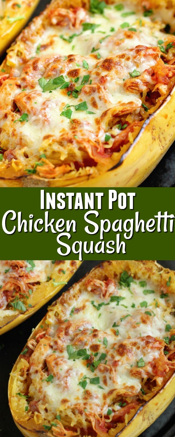 Instant Pot Chicken Spaghetti Squash - A great low-carb chicken dinner recipe made super easy with the help of an Instant Pot and served over spaghetti squash.  Plus, it's only 5 weight watchers freestyle points!!