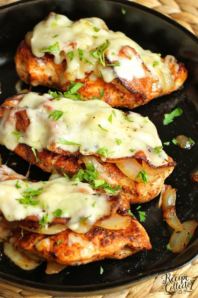 Loaded Blackened Chicken - Seasoned, pan-fried chicken breasts topped with smothered onions, bacon, and pepper jack cheese.  You'll definitely want to make this chicken dinner recipe very soon!