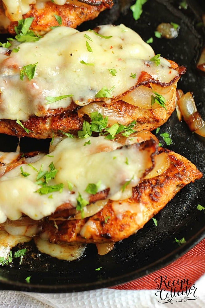 Loaded Blackened Chicken - Seasoned, pan-fried chicken breasts topped with smothered onions, bacon, and pepper jack cheese.  You'll definitely want to make this chicken dinner recipe very soon!