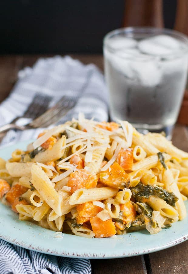 Creamy One-Pan Sweet Potato, Kale, & Leek Pasta