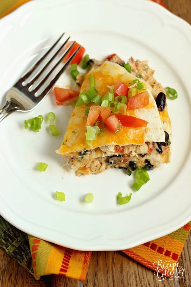 Santa Fe Chicken Enchilada Stack - Creamy chicken enchiladas  with black beans made easy!  Makes a small portion, so it's perfect for 4! Use shortcut rotisserie chicken to speed things up even more!!