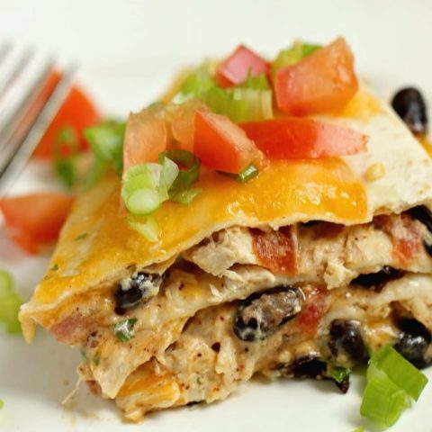Santa Fe Chicken Enchilada Stack - Creamy chicken enchiladas  with black beans made easy!  Makes a small portion, so it's perfect for 4! Use shortcut rotisserie chicken to speed things up even more!!