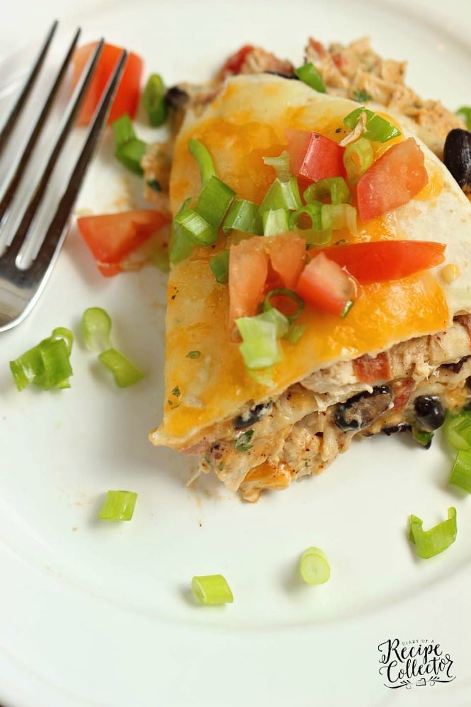 Santa Fe Chicken Enchilada Stack - Creamy chicken enchiladas  with black beans made easy!  Makes a small portion, so it's perfect for 4! Use shortcut rotisserie chicken to speed things up even more!!