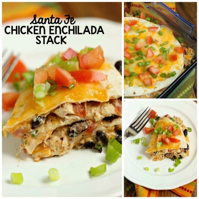 Santa Fe Chicken Enchilada Stack - Creamy chicken enchiladas  with black beans made easy!  Makes a small portion, so it's perfect for 4! Use shortcut rotisserie chicken to speed things up even more!!