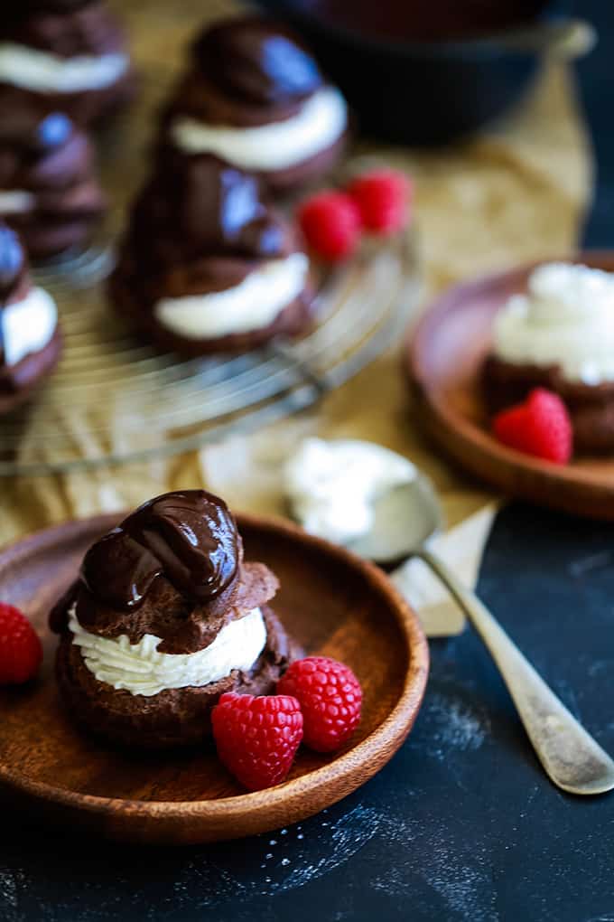 Chocolate Cream Puffs with Honey-Rum Whipped Cream and Chocolate Ganache