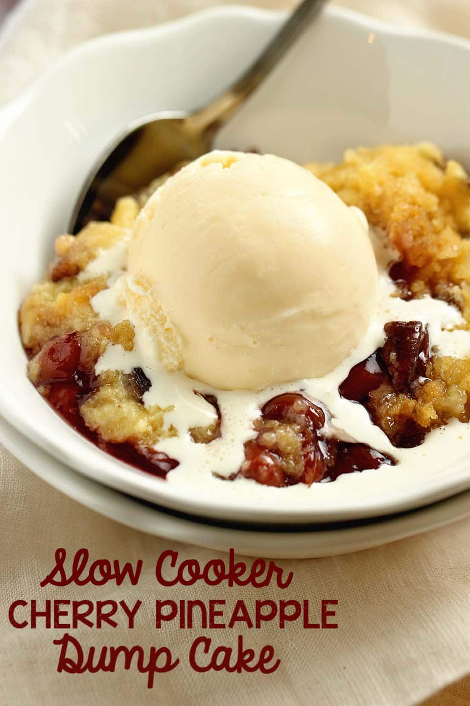 Slow Cooker Cherry Pineapple Dump Cake - No need to turn on the oven!  Let your slow cooker do all the work for this easy dessert recipe that let's you set it and forget it until it's time to eat!