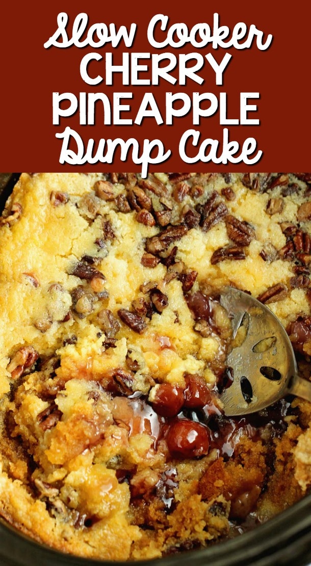 Slow Cooker Cherry Pineapple Dump Cake - No need to turn on the oven!  Let your slow cooker do all the work for this easy dessert recipe that let's you set it and forget it until it's time to eat!