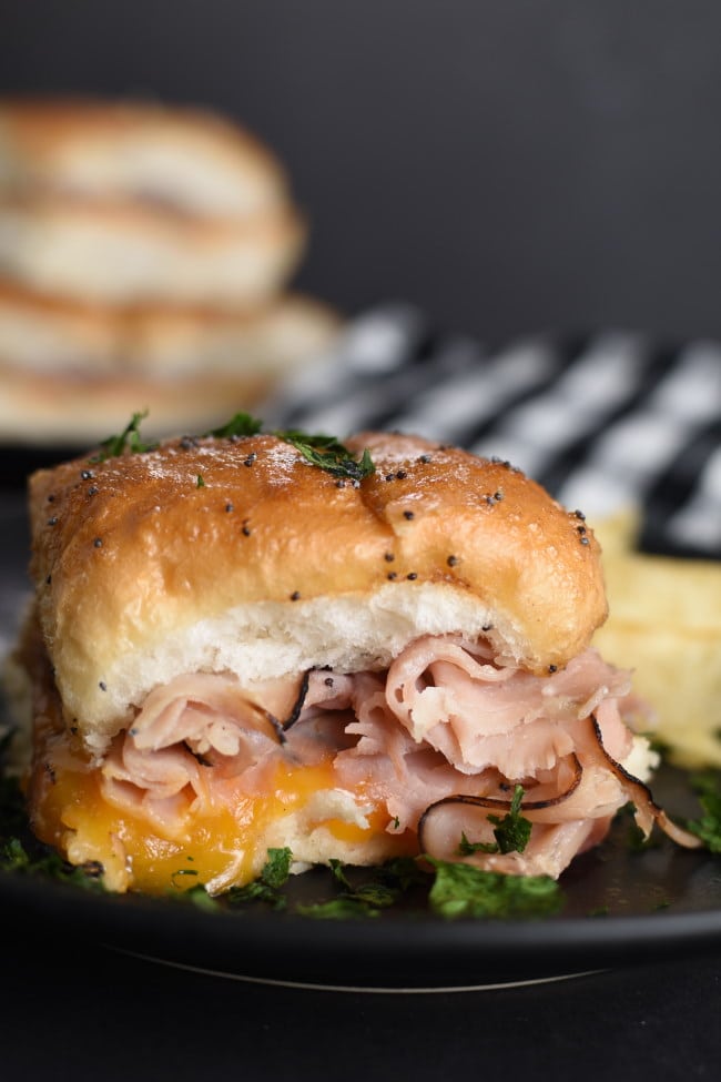 Hot Ham and Cheese Sliders (with Butter, Mustard, and Poppy Seed Glaze)