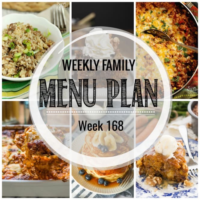 Weekly Family Meal Plan- Featuring several main dishes, a side dish, a soup, a breakfast, and two desserts!