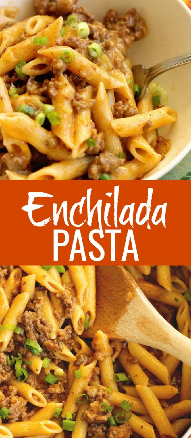 Easy Enchilada Pasta - All the flavors of beef enchiladas but in pasta form!  It's a perfect 30 minute pasta recipe for busy week nights!