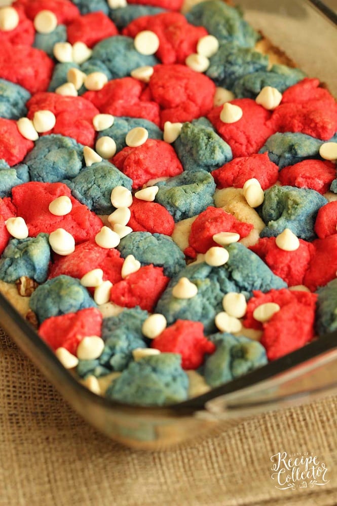 Red, White, and Blue Cookie Bars - An easy cookie bar recipe made with the help of cake mix!  They are perfect for the fourth of July!