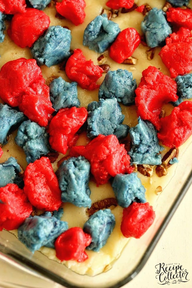 Red, White, and Blue Cookie Bars - An easy cookie bar recipe made with the help of cake mix!  They are perfect for the fourth of July!