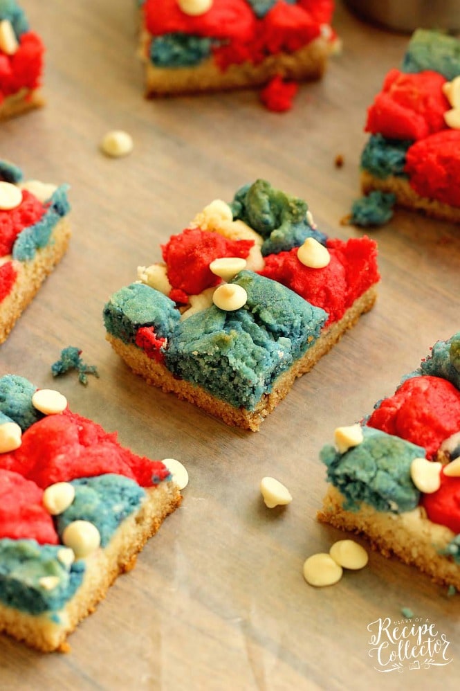 Red, White, and Blue Cookie Bars - An easy cookie bar recipe made with the help of cake mix!  They are perfect for the fourth of July!
