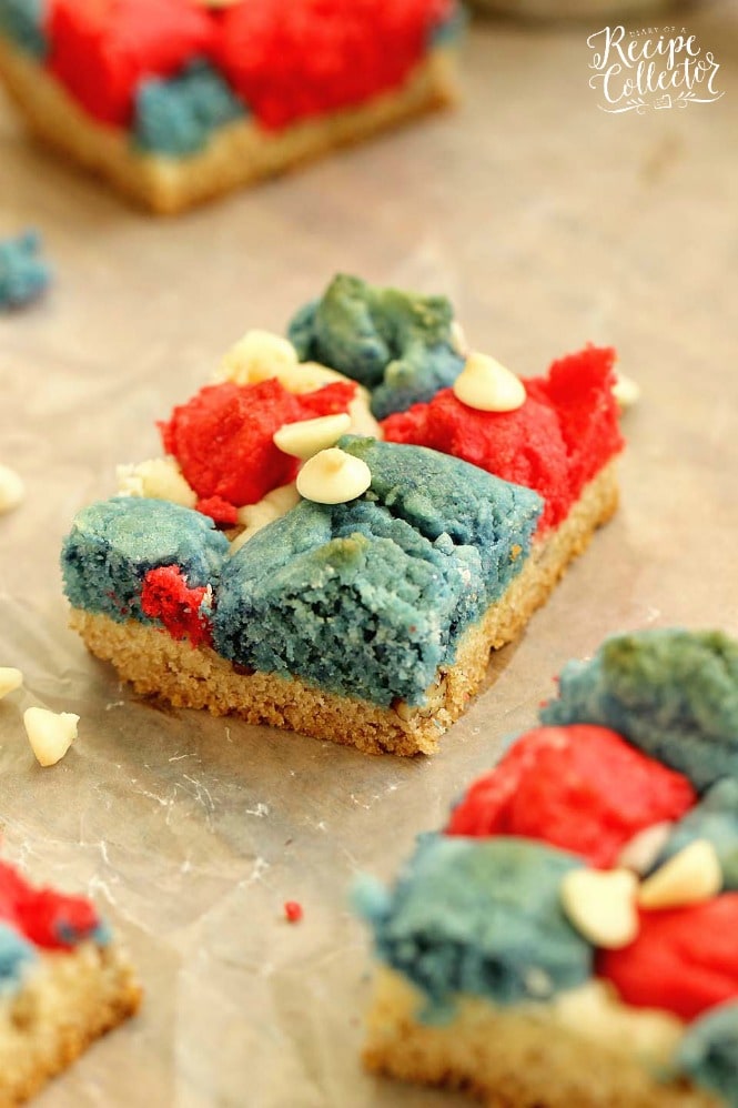 Red, White, and Blue Cookie Bars - An easy cookie bar recipe made with the help of cake mix!  They are perfect for the fourth of July!