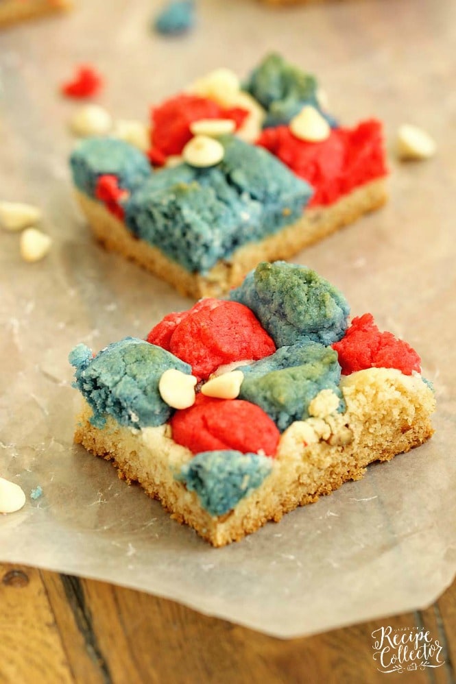 Red, White, and Blue Cookie Bars - An easy cookie bar recipe made with the help of cake mix!  They are perfect for the fourth of July!