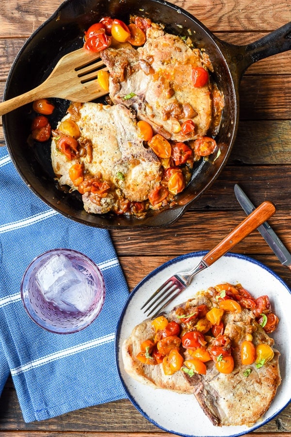 Skillet Pork Chops with Tomato Shallot Pan Sauce