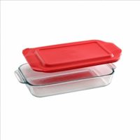 Pyrex Basics 2 Quart Glass Oblong Baking Dish with Red Plastic Lid - 7 inch x 11 Inch by Pyrex