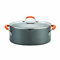 Rachael Ray Hard-Anodized Nonstick 8-Quart Covered Oval Pasta Pot with Pour Spout, Gray with Orange Handles