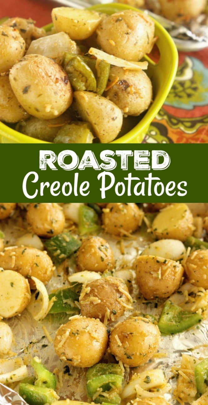 Roasted Creole Potatoes - An easy roasted potato side dish filled with onions, green bell peppers, parmesan cheese, and Creole spices.