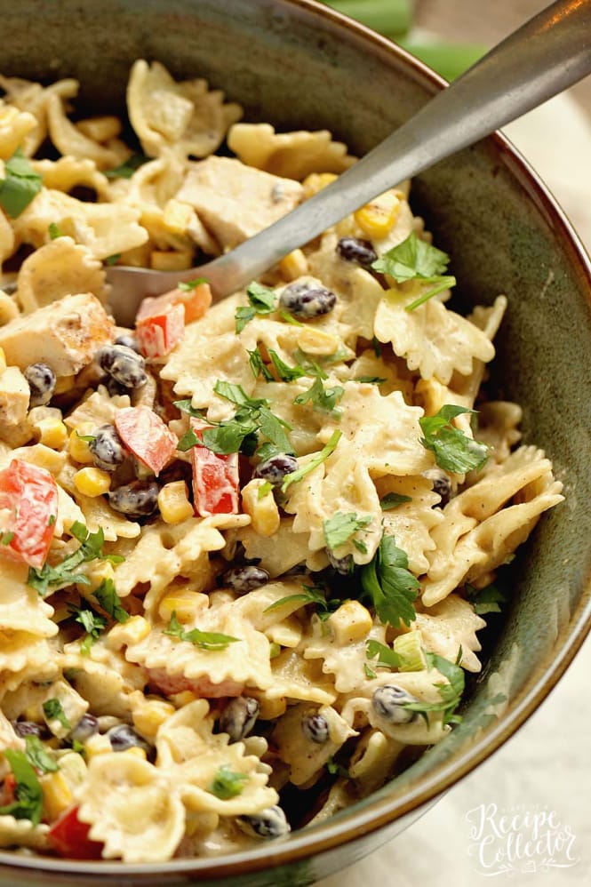 Southwestern Pasta Salad - A creamy pasta salad filled with grilled chicken, black beans, corn, tomatoes, green chiles, cilantro, green onions, and Mexican spices.  