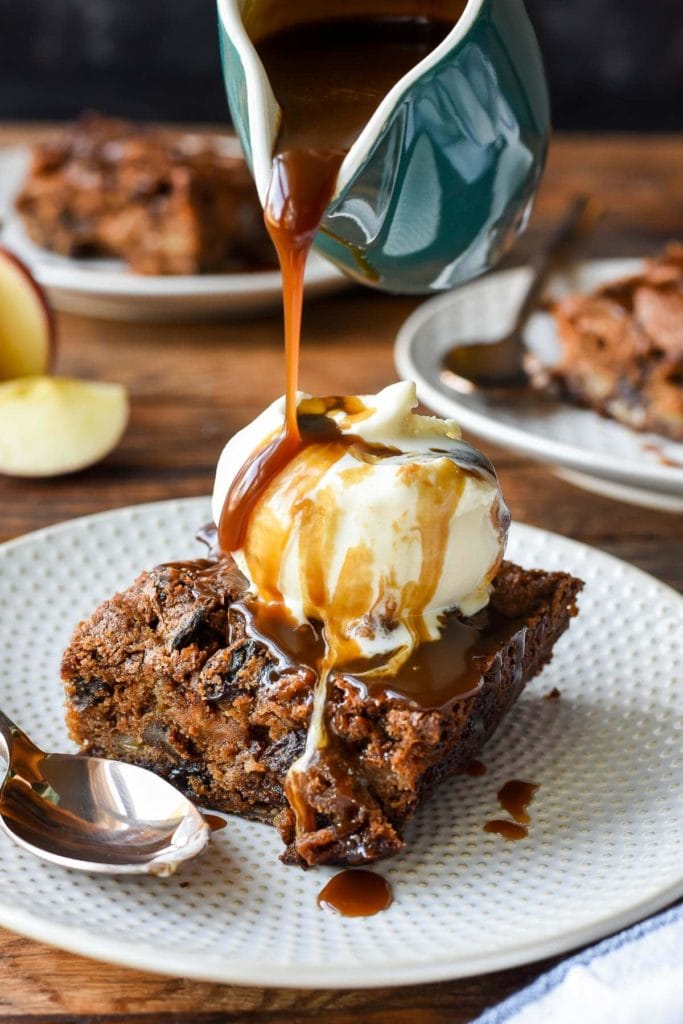 Chewy Spiced Apple Cake with Bourbon Caramel Sauce