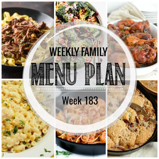 Weekly Family Meal Plan- Featuring several main dishes, a side dish, a soup, a breakfast, and two desserts!