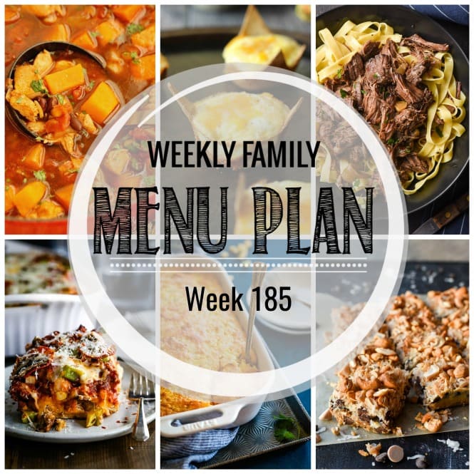 Weekly Family Meal Plan- Featuring several main dishes, a side dish, a soup, a breakfast, and two desserts!