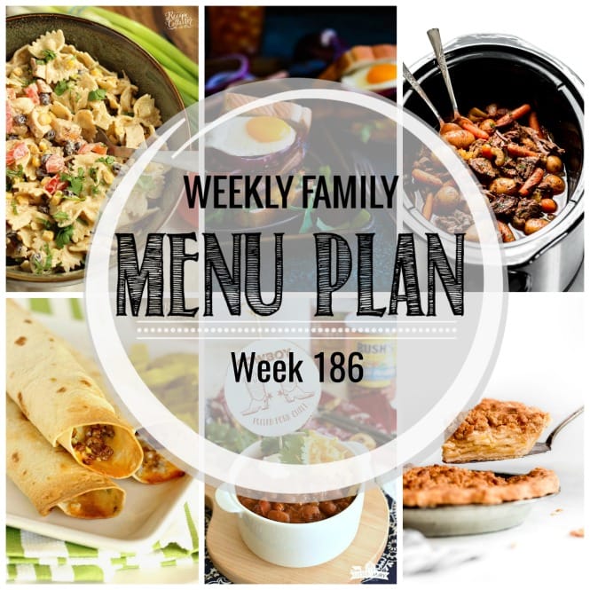 Weekly Family Meal Plan- Featuring several main dishes, a side dish, a soup, a breakfast, and two desserts!