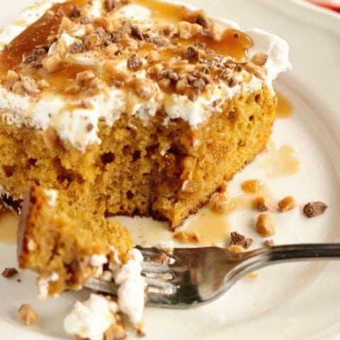 Pumpkin Toffee Poke Cake - An easy pumpkin dessert recipe filled with toffee and caramel and perfect for the fall season!