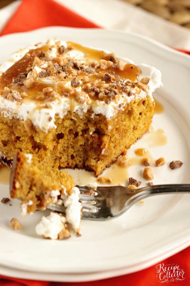 Pumpkin Toffee Poke Cake - An easy pumpkin dessert recipe filled with toffee and caramel and perfect for the fall season!
