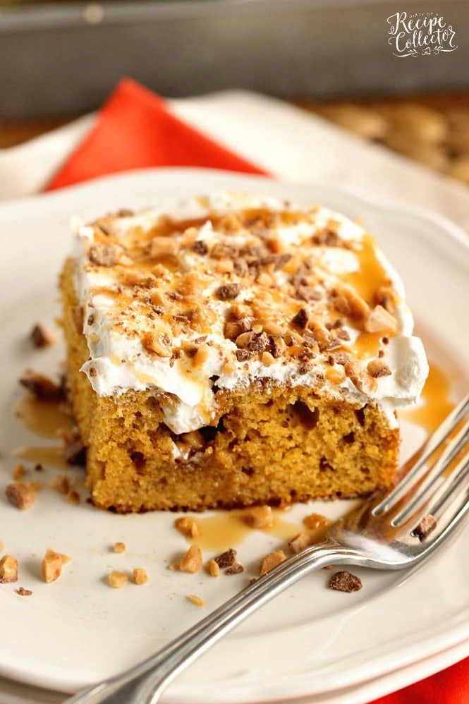 Pumpkin Toffee Poke Cake - An easy pumpkin dessert recipe filled with toffee and caramel and perfect for the fall season!