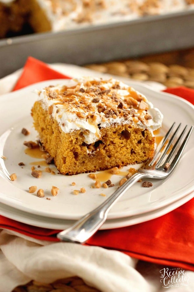 Pumpkin Toffee Poke Cake - An easy pumpkin dessert recipe filled with toffee and caramel and perfect for the fall season!