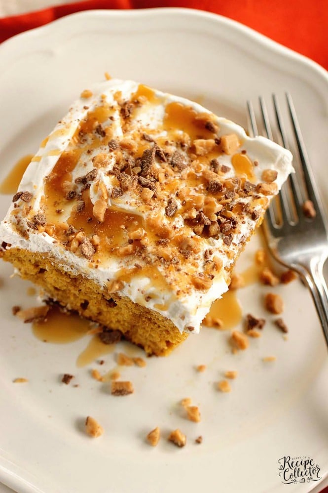 Pumpkin Toffee Poke Cake - An easy pumpkin dessert recipe filled with toffee and caramel and perfect for the fall season!