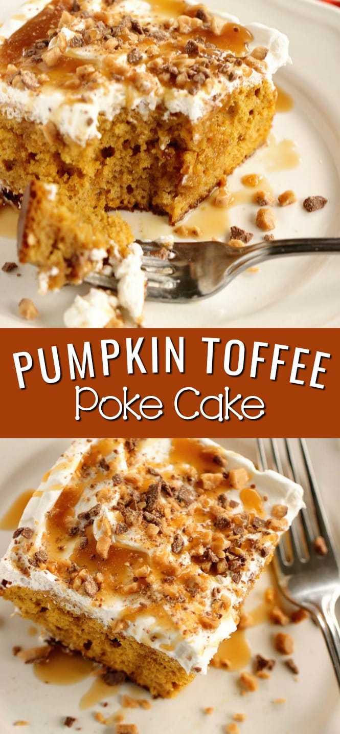 Pumpkin Toffee Poke Cake - An easy pumpkin dessert recipe filled with toffee and caramel and perfect for the fall season!
