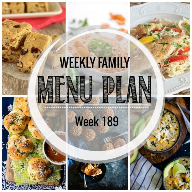 Weekly Family Meal Plan- Featuring several main dishes, a side dish, a soup, a breakfast, and two desserts!