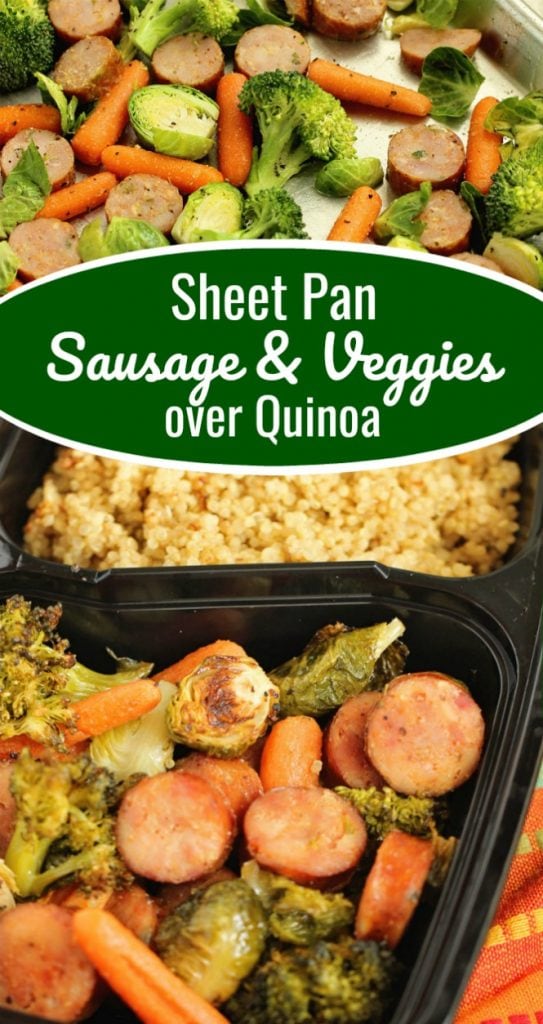 Easy Sheet Pan Sausage and Veggies over Quinoa - A super easy healthy recipe great for make ahead lunches and dinners filled with chicken sausage, veggies, and spices.