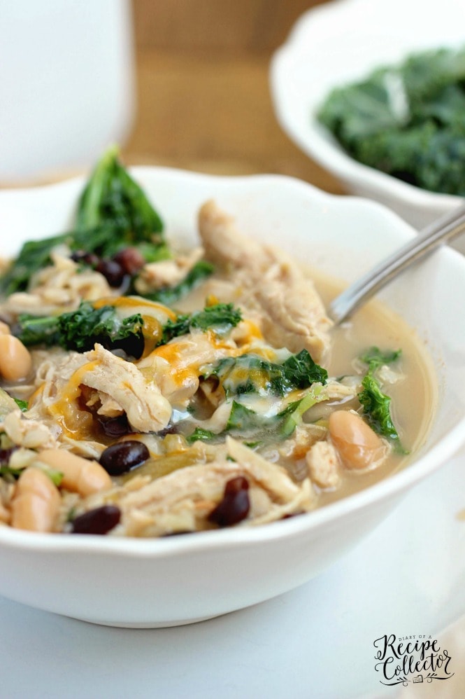 Instant Pot Chicken, Bean, and Kale Soup - A flavorful soup filled with fiber perfect for a healthy lunch or dinner idea!  Stove top directions are included as well!