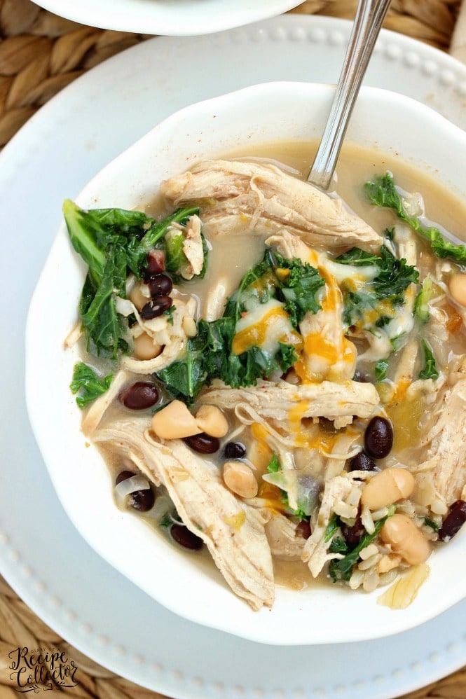 Instant Pot Chicken, Bean, and Kale Soup - A flavorful soup filled with fiber perfect for a healthy lunch or dinner idea!  Stove top directions are included as well!