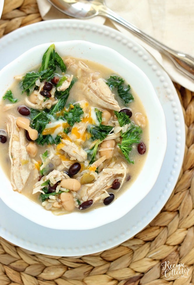 Instant Pot Chicken, Bean, and Kale Soup - A flavorful soup filled with fiber perfect for a healthy lunch or dinner idea!  Stove top directions are included as well!
