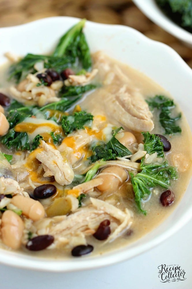 Instant Pot Chicken, Bean, and Kale Soup - A flavorful soup filled with fiber perfect for a healthy lunch or dinner idea!  Stove top directions are included as well!