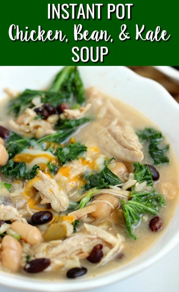 Instant Pot Chicken, Bean, and Kale Soup - A flavorful soup filled with fiber perfect for a healthy lunch or dinner idea!  Stove top directions are included as well!