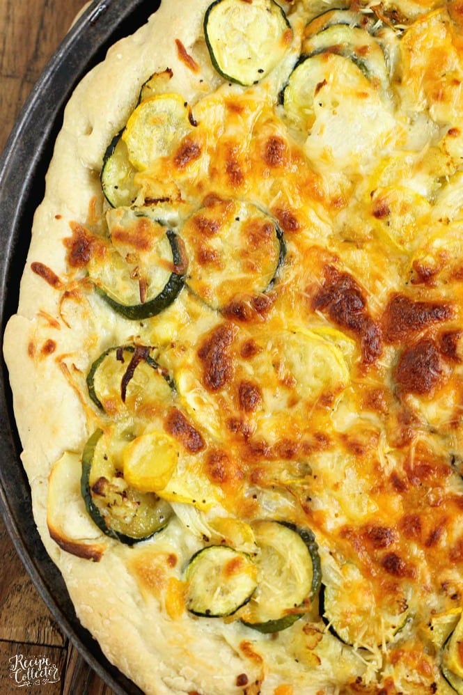 Roasted Veggie Pizza with Garlic Cream Sauce - Oven-roasted yellow squash, zucchini, cauliflower, and onion, three cheeses, and a delicious garlic cream sauce make this pizza out of this world good!
