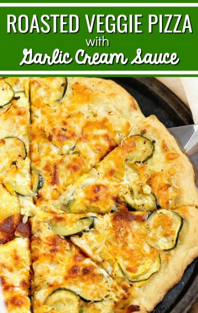 Roasted Veggie Pizza with Garlic Cream Sauce - Oven-roasted yellow squash, zucchini, cauliflower, and onion, three cheeses, and a delicious garlic cream sauce make this pizza out of this world good!