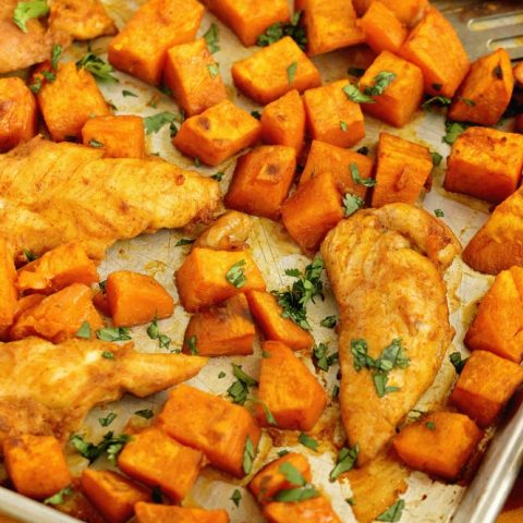 Sheet Pan Sweet and Spicy Chicken and Sweet Potatoes - An easy all in one sheet pan supper with a sweet heat spice!  It makes a great healthy dinner idea!